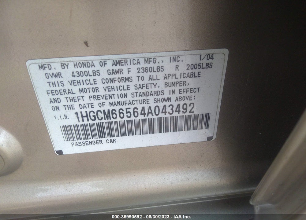 2004 HONDA ACCORD 3.0 EX VIN: 1HGCM66564A043492