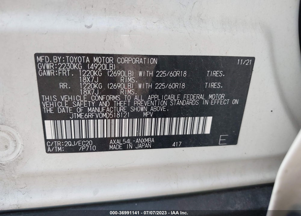 2021 TOYOTA RAV4 XSE HYBRID VIN: JTME6RFV0MD518121