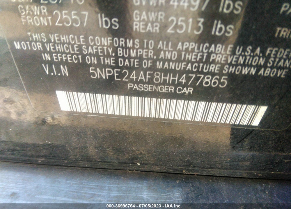2017 HYUNDAI SONATA SE VIN: 5NPE24AF8HH477865