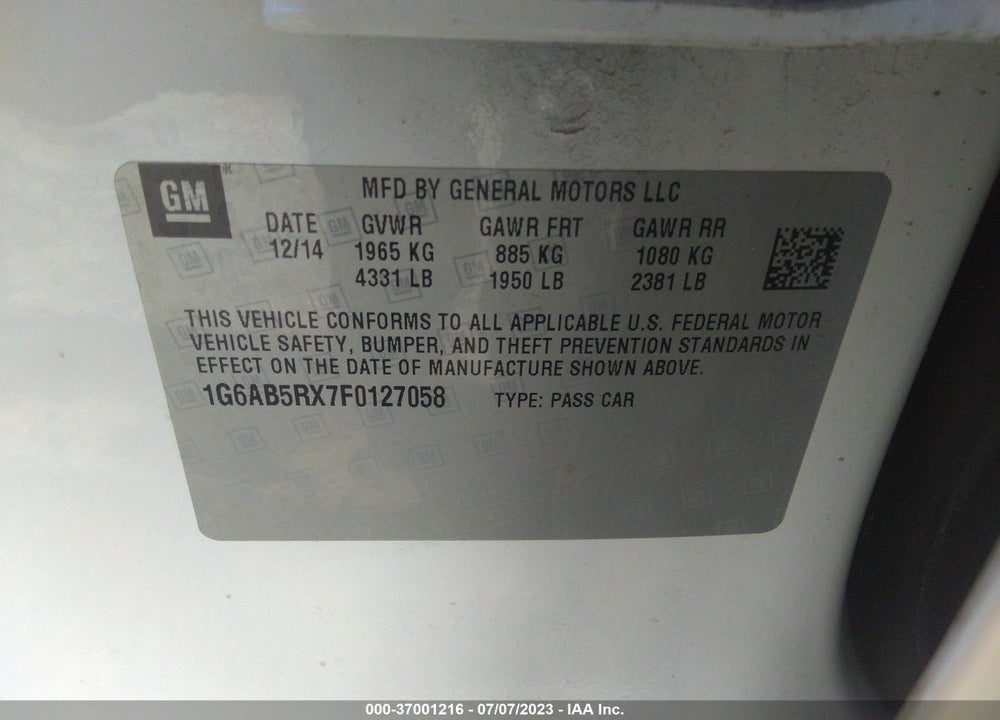 2015 CADILLAC ATS LUXURY VIN: 1G6AB5RX7F0127058