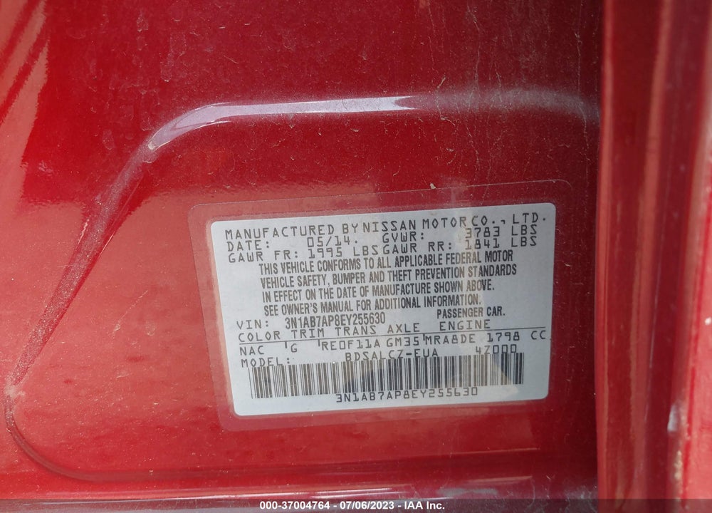 2014 NISSAN SENTRA S VIN: 3N1AB7AP8EY255630