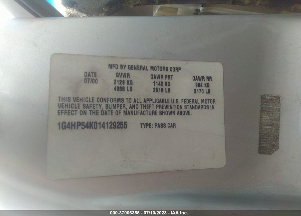 2001 BUICK LESABRE CUSTOM VIN: 1G4HP54K014129255