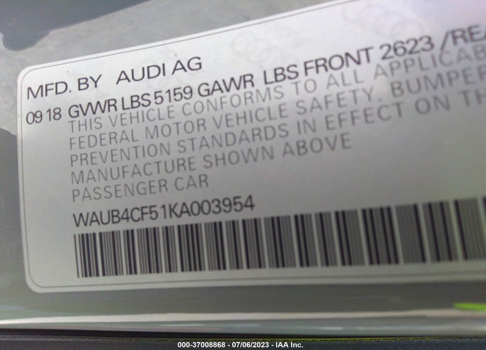 2019 AUDI S5 3.0T PREMIUM VIN: WAUB4CF51KA003954