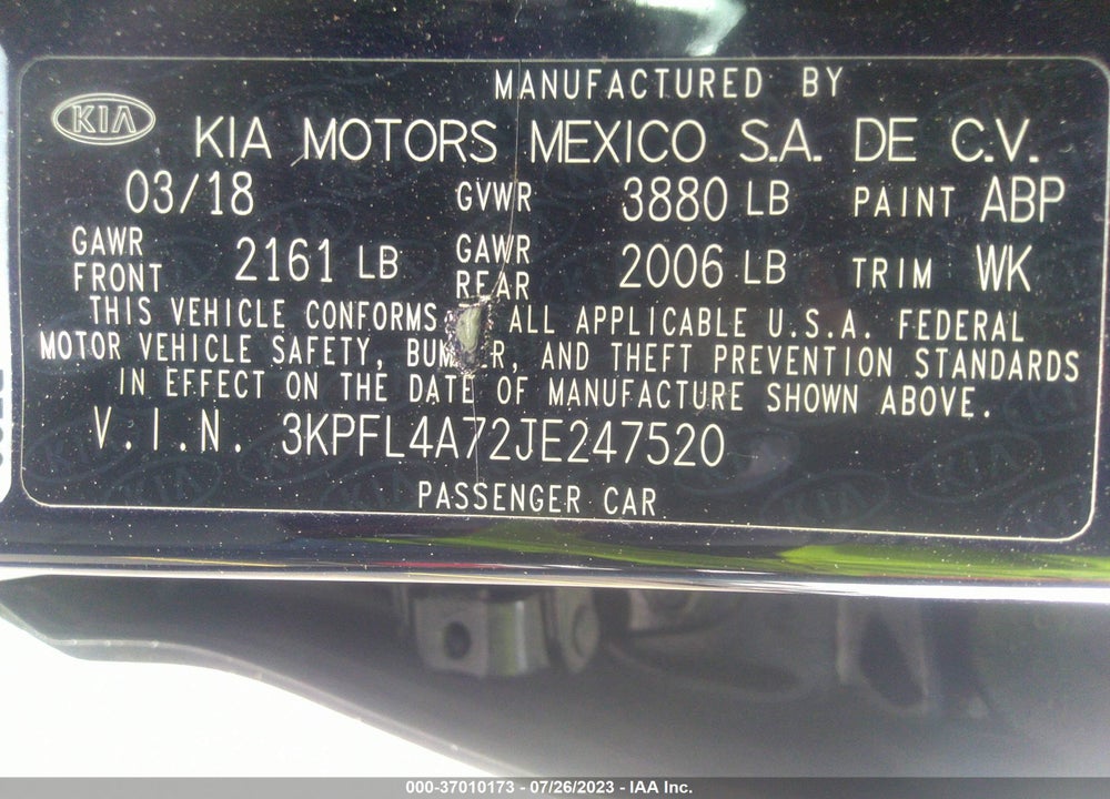2018 KIA FORTE LX VIN: 3KPFL4A72JE247520