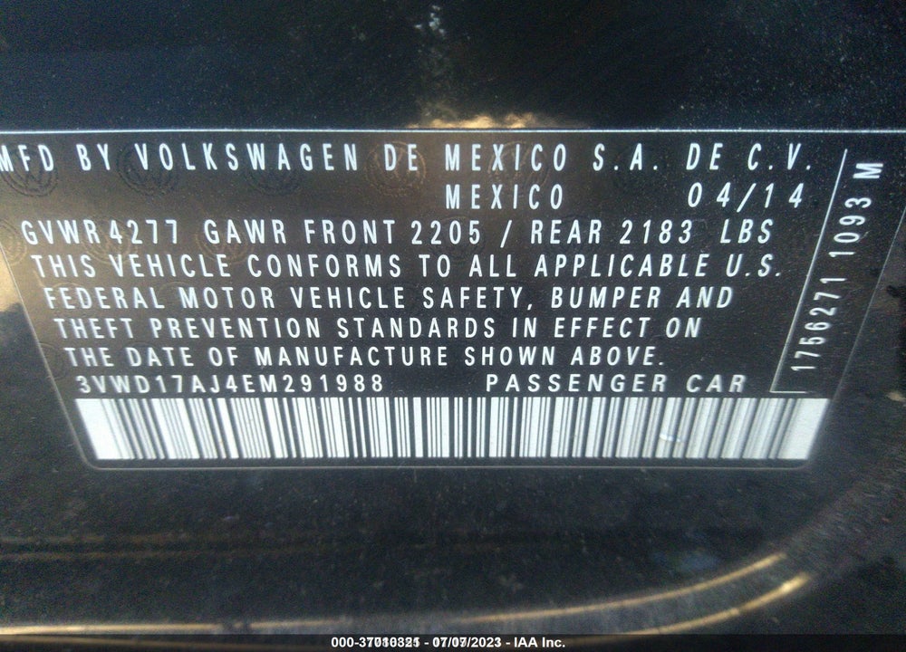 2014 VOLKSWAGEN JETTA 1.8T SE VIN: 3VWD17AJ4EM291988
