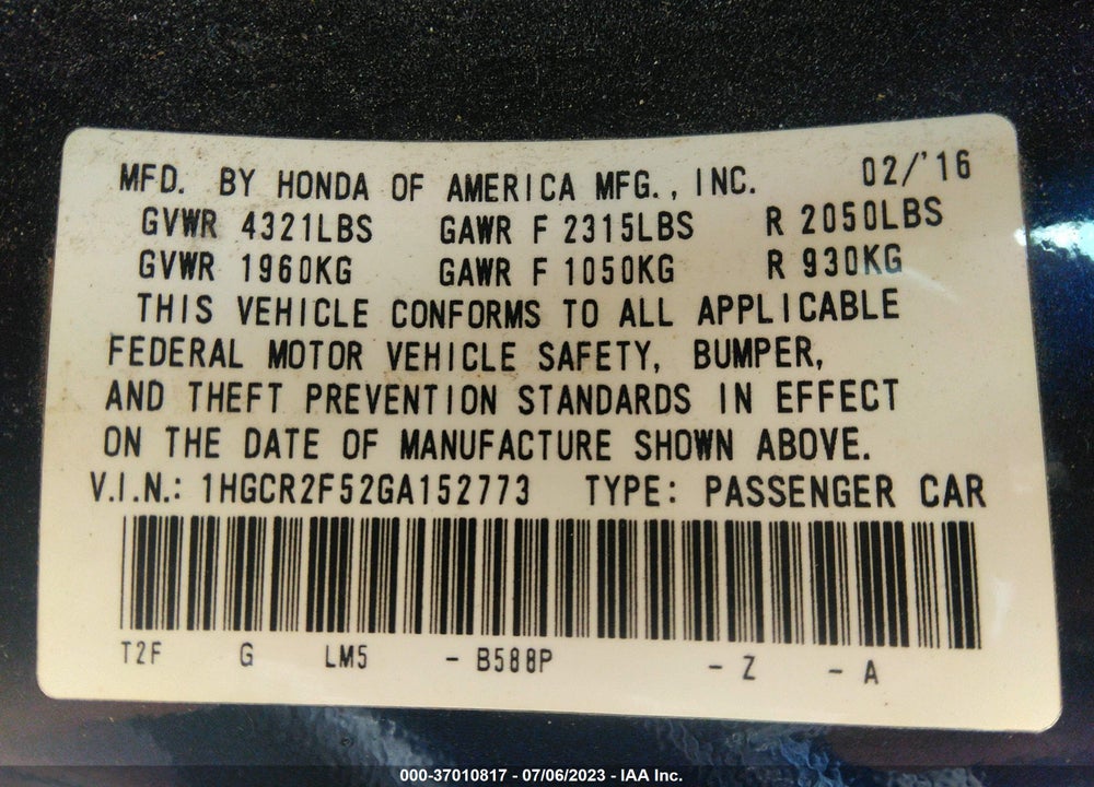 2016 HONDA ACCORD SPORT VIN: 1HGCR2F52GA152773