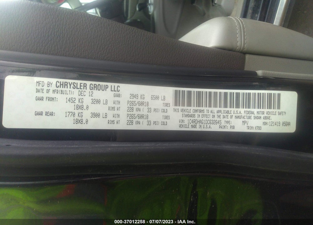 2013 DODGE DURANGO SXT VIN: 1C4RDHAG1DC632645
