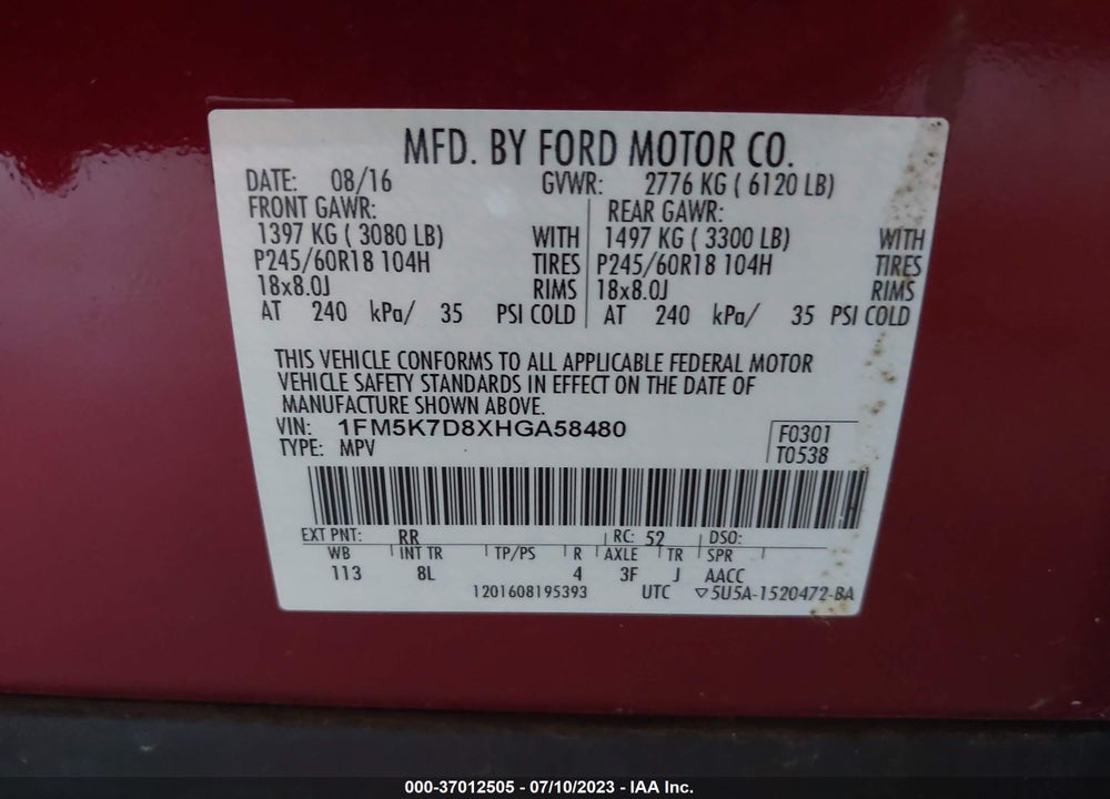 2017 FORD EXPLORER XLT VIN: 1FM5K7D8XHGA58480