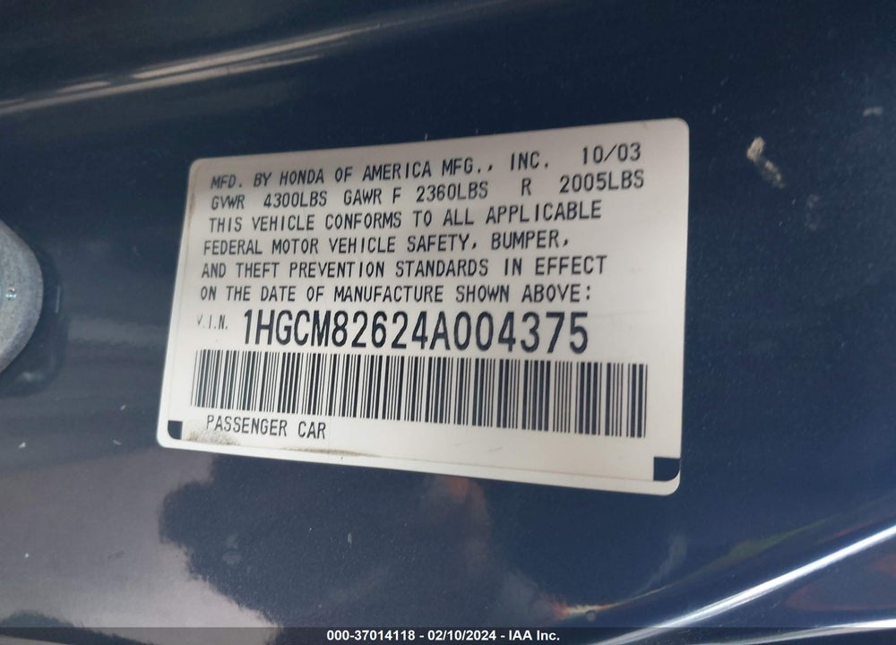 2004 HONDA ACCORD 3.0 EX VIN: 1HGCM82624A004375