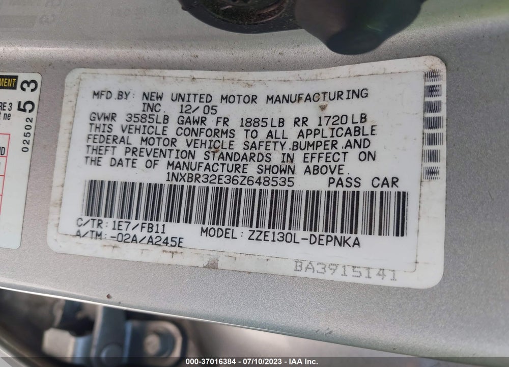 2006 TOYOTA COROLLA LE VIN: 1NXBR32E36Z648535