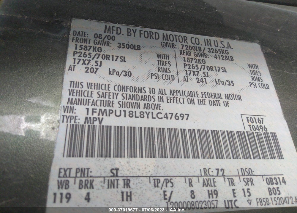 2000 FORD EXPEDITION EDDIE BAUER VIN: 1FMPU18L8YLC47697