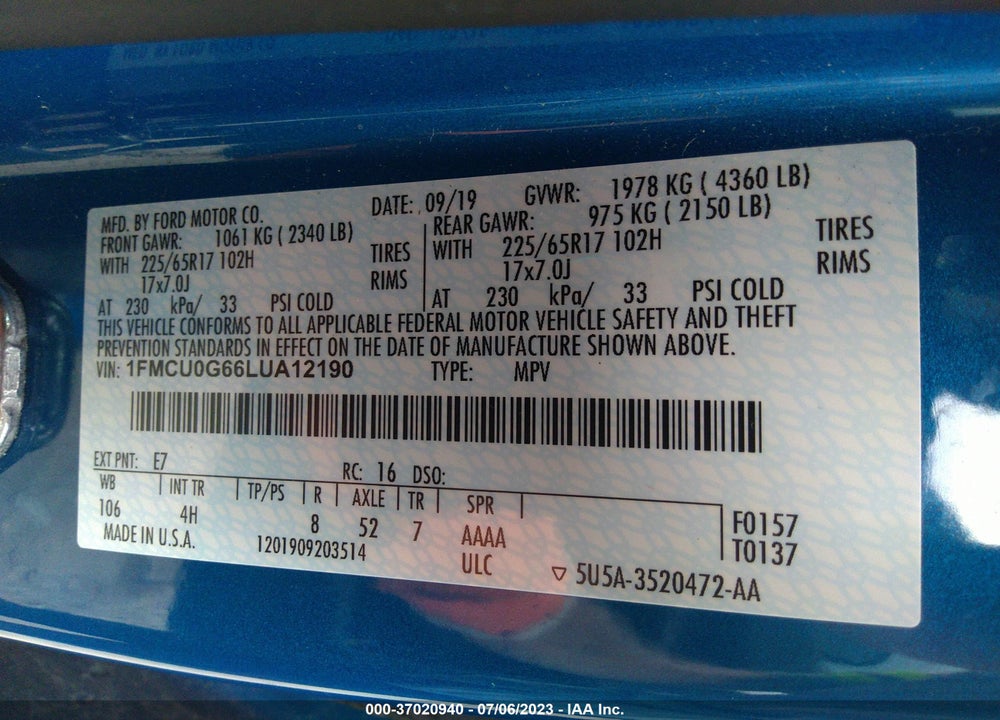 2020 ESCAPE FORD  SE VIN: 1FMCU0G66LUA12190
