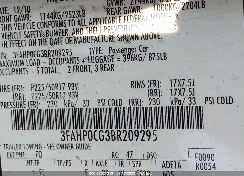 2011 FORD FUSION SEL VIN: 3FAHP0CG3BR209295