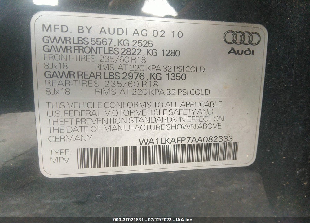 2010 AUDI Q5 3.2 PREMIUM VIN: WA1LKAFP7AA082333