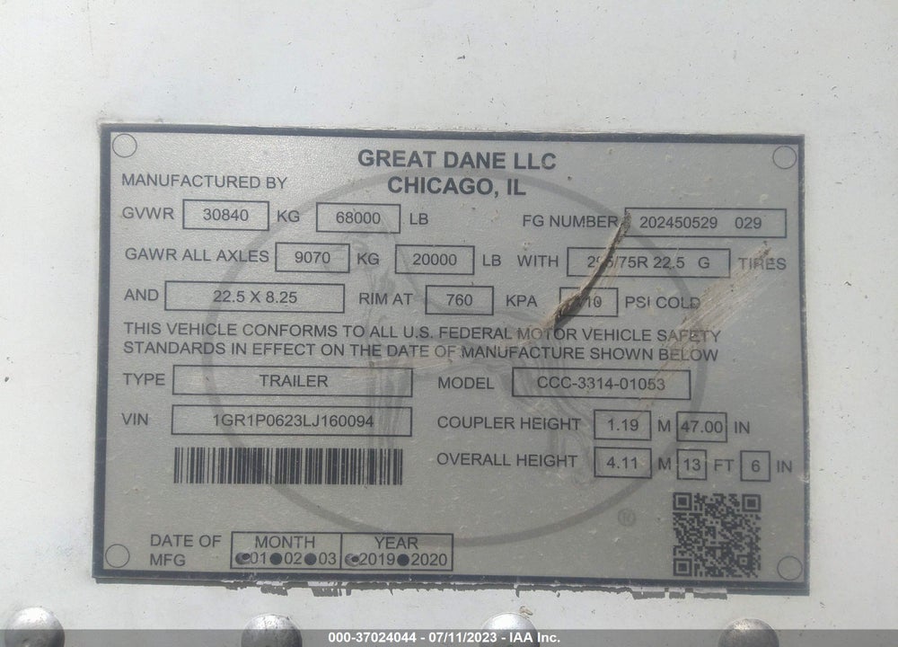2020 GREAT DANE TRAILERS 53' SEMI TRAILER VIN: 1GR1P0623LJ160094