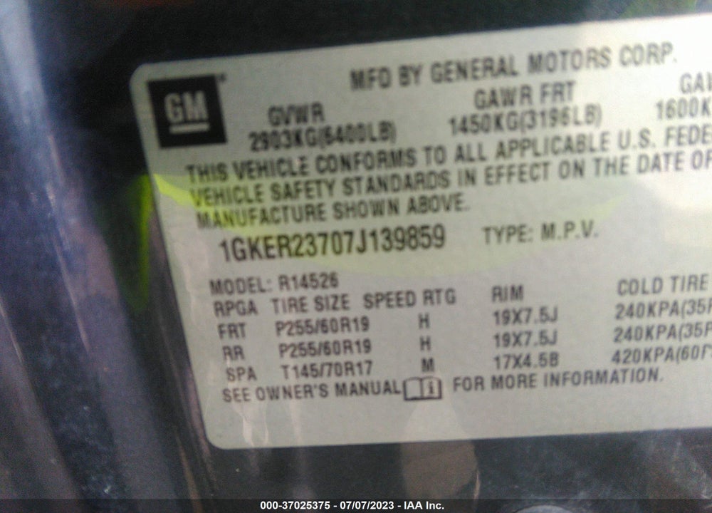 2007 GMC ACADIA SLT-1 VIN: 1GKER23707J139859