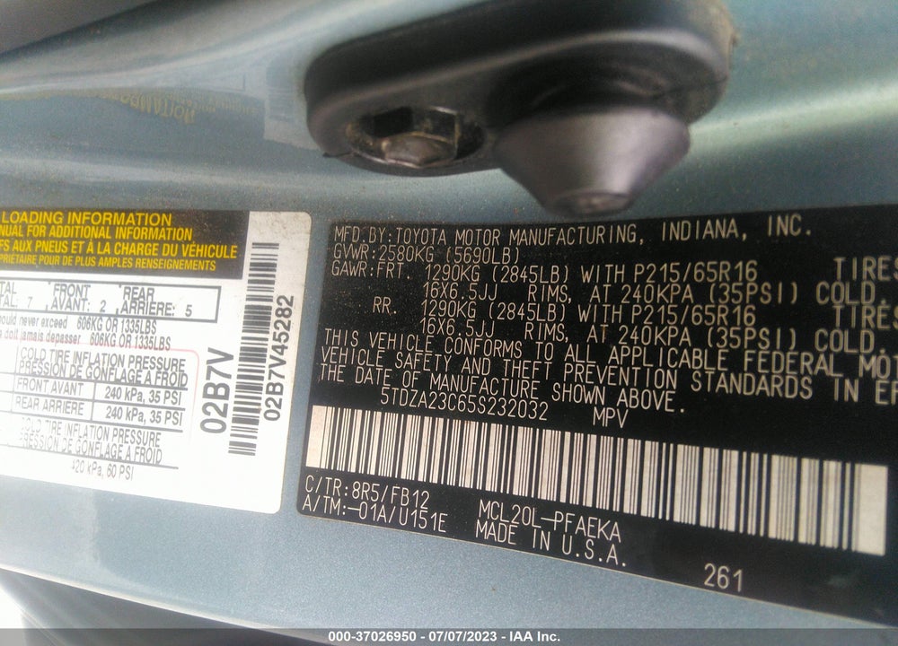 2005 TOYOTA SIENNA CE/LE VIN: 5TDZA23C65S232032