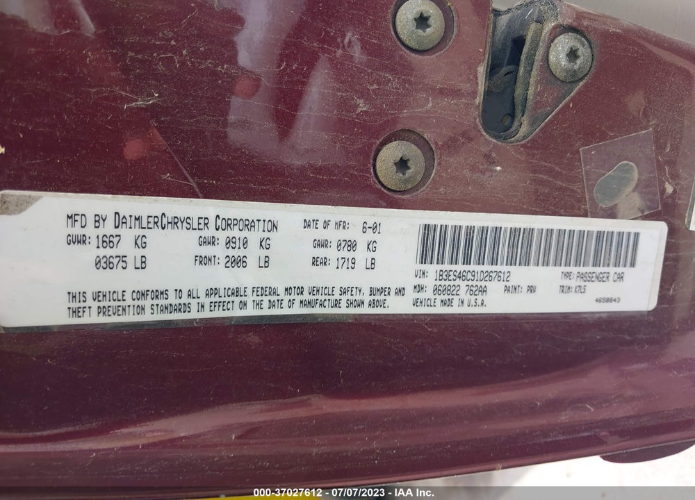 2001 DODGE NEON HIGHLINE VIN: 1B3ES46C91D267612
