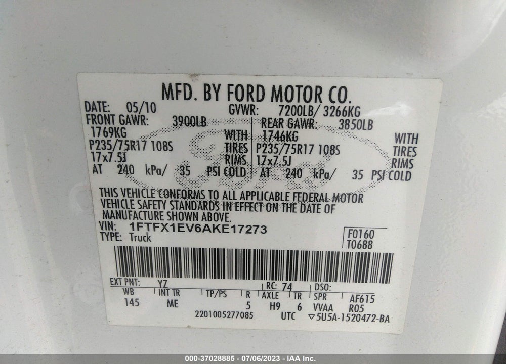 2010 FORD F-150 VIN: 1FTFX1EV6AKE17273