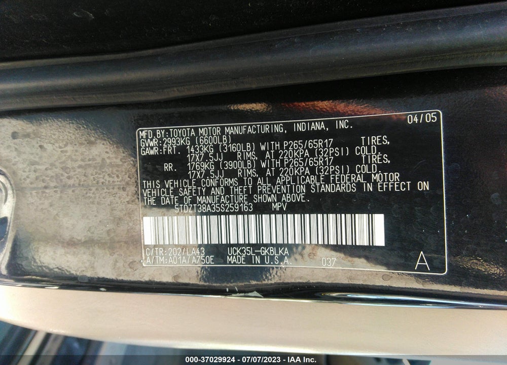 2005 TOYOTA SEQUOIA LIMITED V8 VIN: 5TDZT38A35S259163