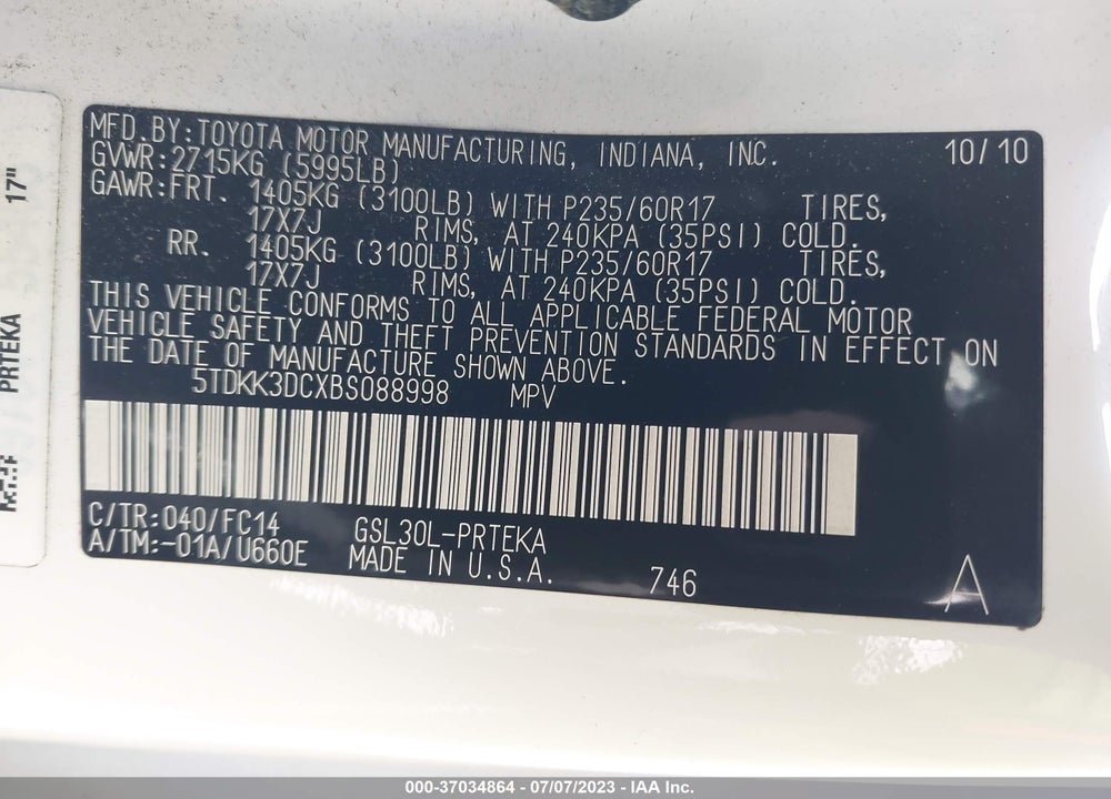 2011 TOYOTA SIENNA LE V6 VIN: 5TDKK3DCXBS088998