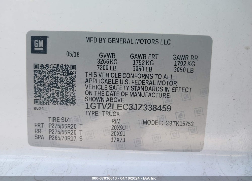 2018 GMC SIERRA 1500 VIN: 1GTV2LEC3JZ338459