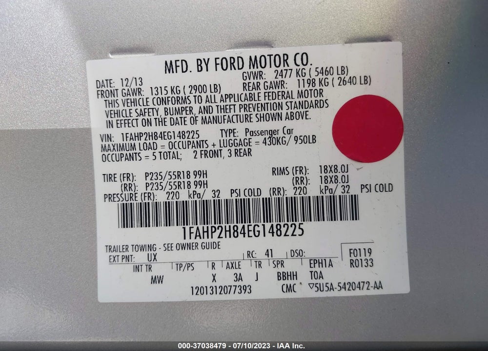 2014 FORD TAURUS SEL VIN: 1FAHP2H84EG148225