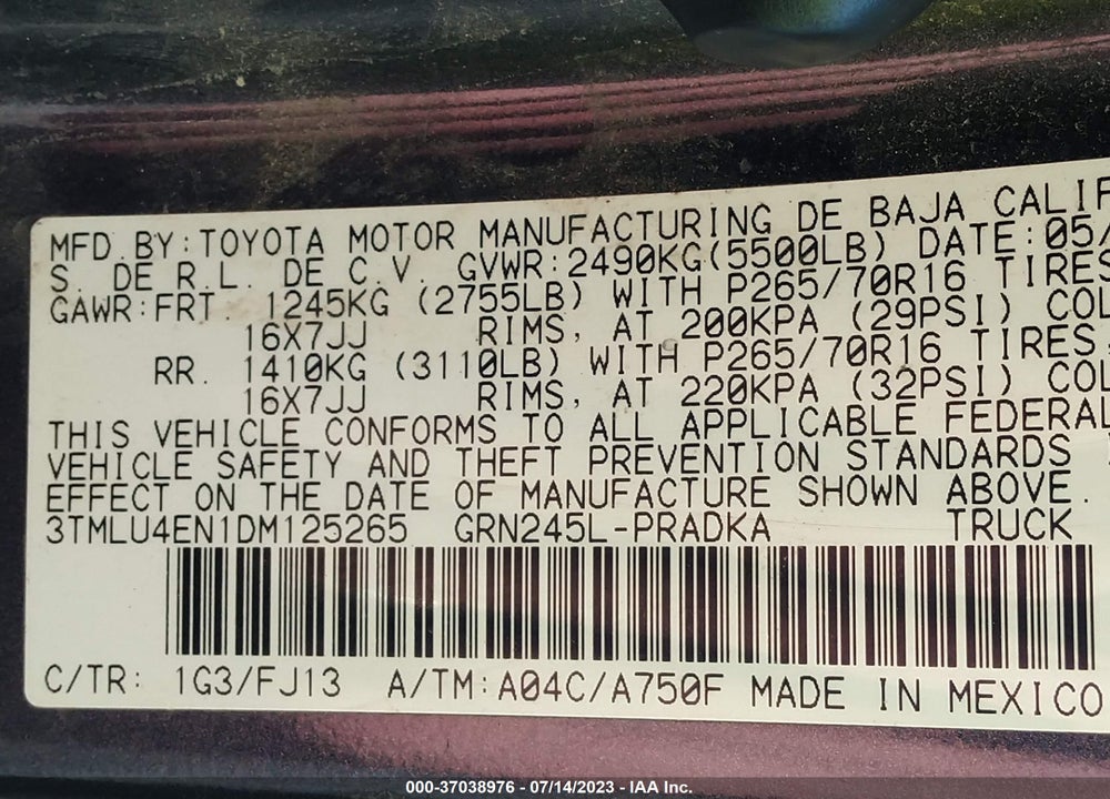 2013 TOYOTA TACOMA BASE V6 VIN: 3TMLU4EN1DM125265