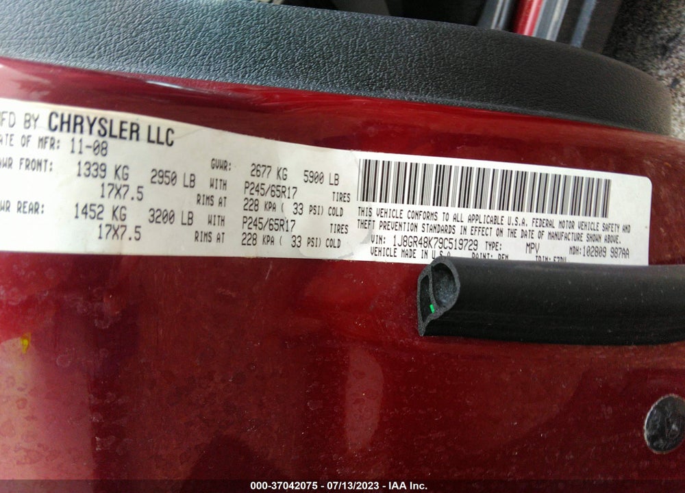 2009 JEEP GRAND CHEROKEE LAREDO VIN: 1J8GR48K79C519729