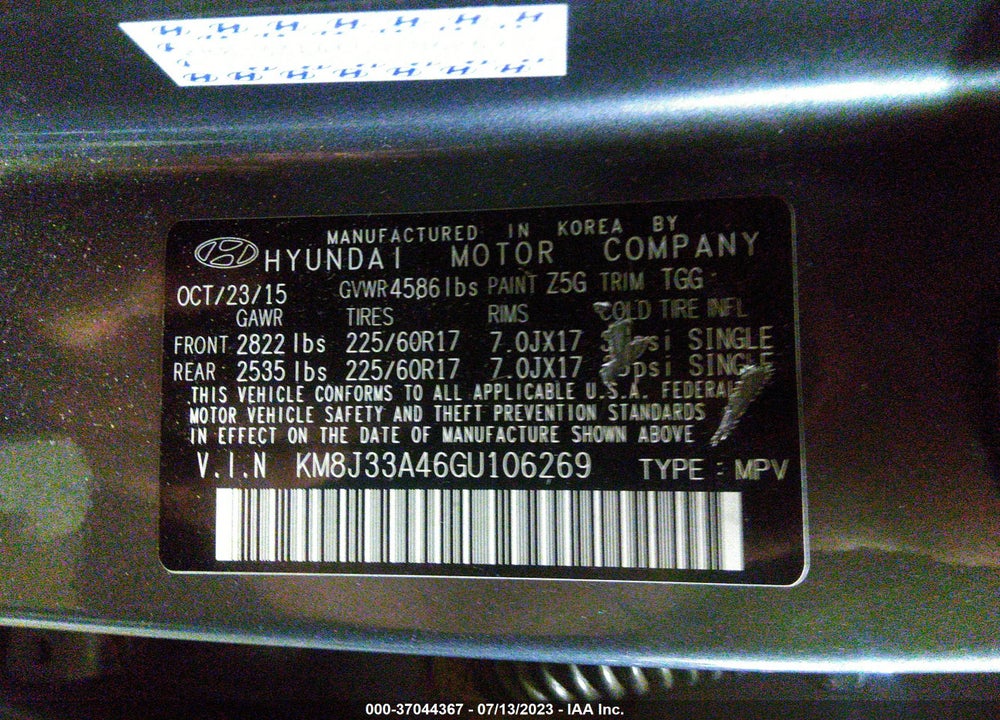 2016 HYUNDAI TUCSON SE VIN: KM8J33A46GU106269