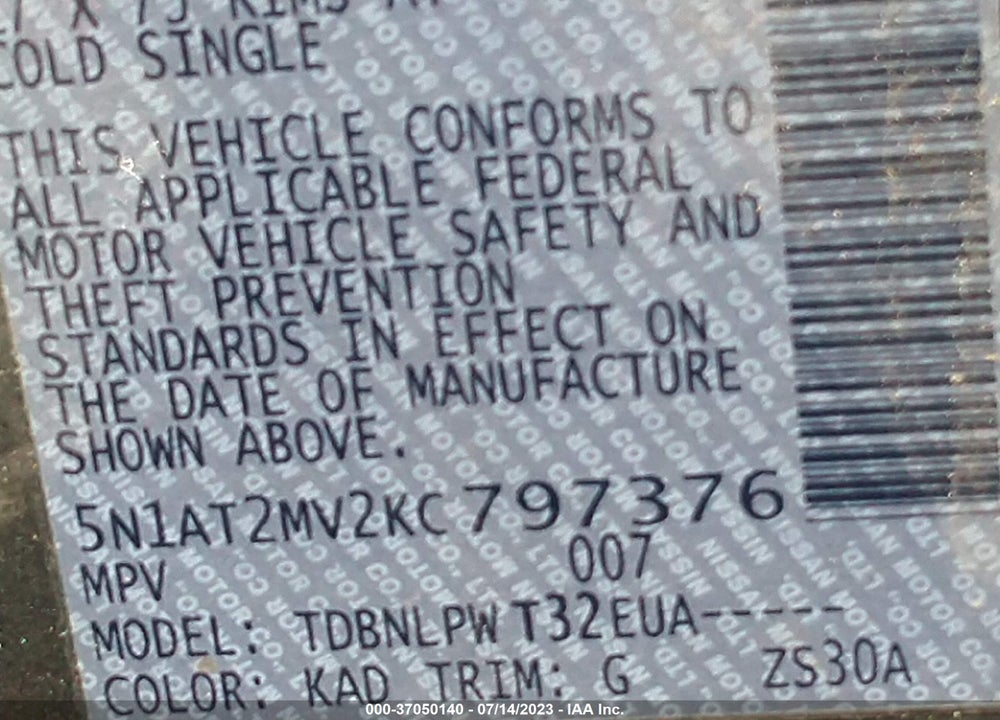 2019 NISSAN ROGUE S VIN: 5N1AT2MV2KC797376