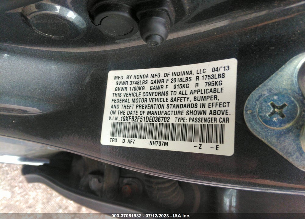 2013 HONDA CIVIC LX VIN: 19XFB2F51DE036702