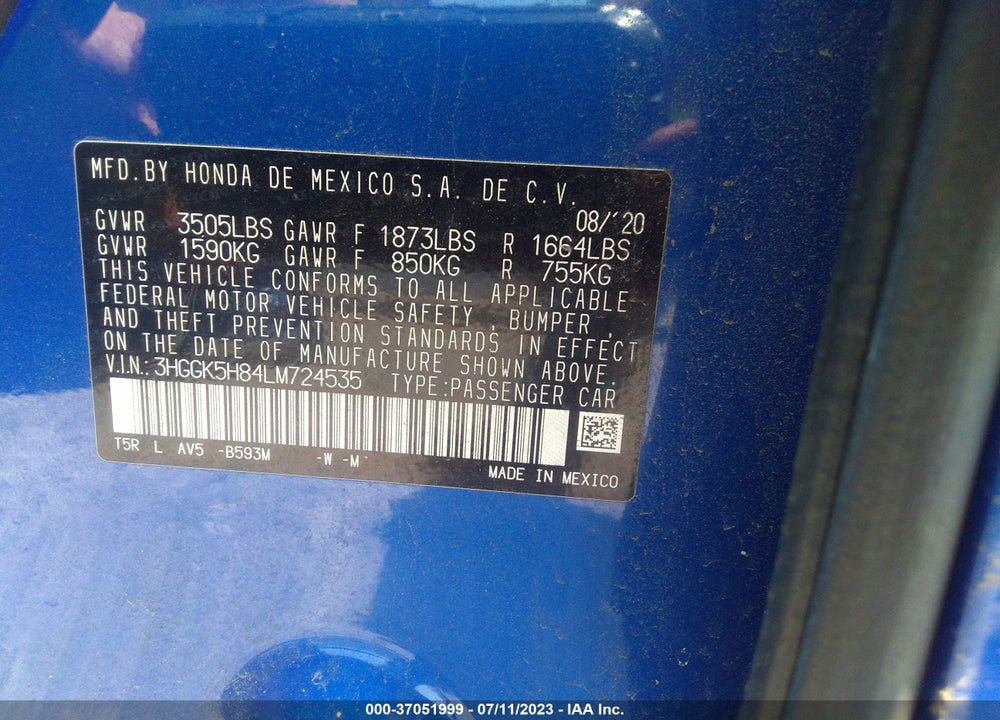 2020 HONDA FIT EX VIN: 3HGGK5H84LM724535