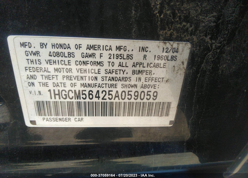 2005 HONDA ACCORD 2.4 LX VIN: 1HGCM56425A059059