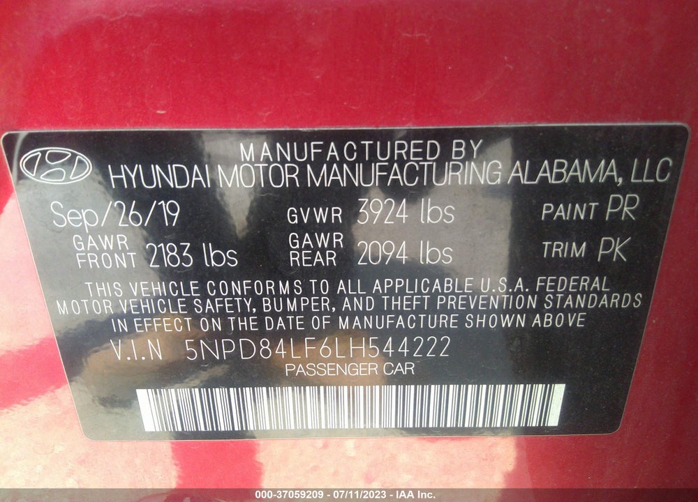 2020 HYUNDAI ELANTRA VIN: 5NPD84LF6LH544222