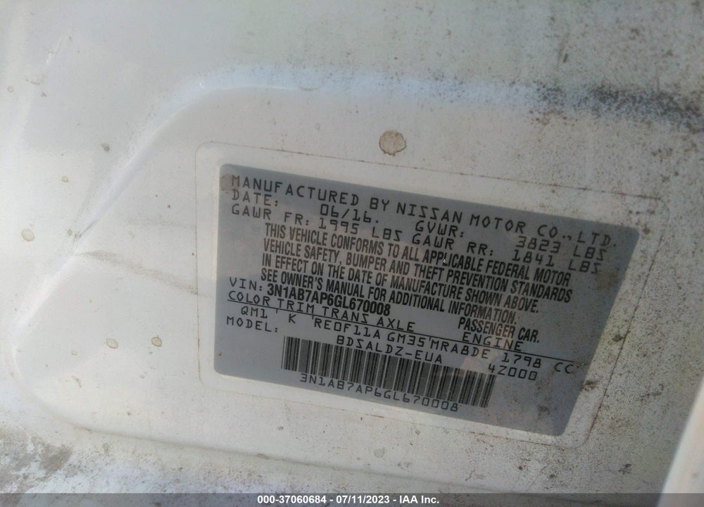 2016 NISSAN SENTRA SV VIN: 3N1AB7AP6GL670008