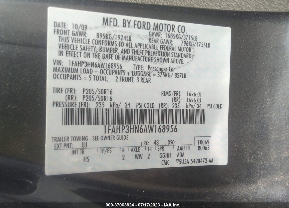 2010 FORD FOCUS SEL VIN: 1FAHP3HN6AW168956