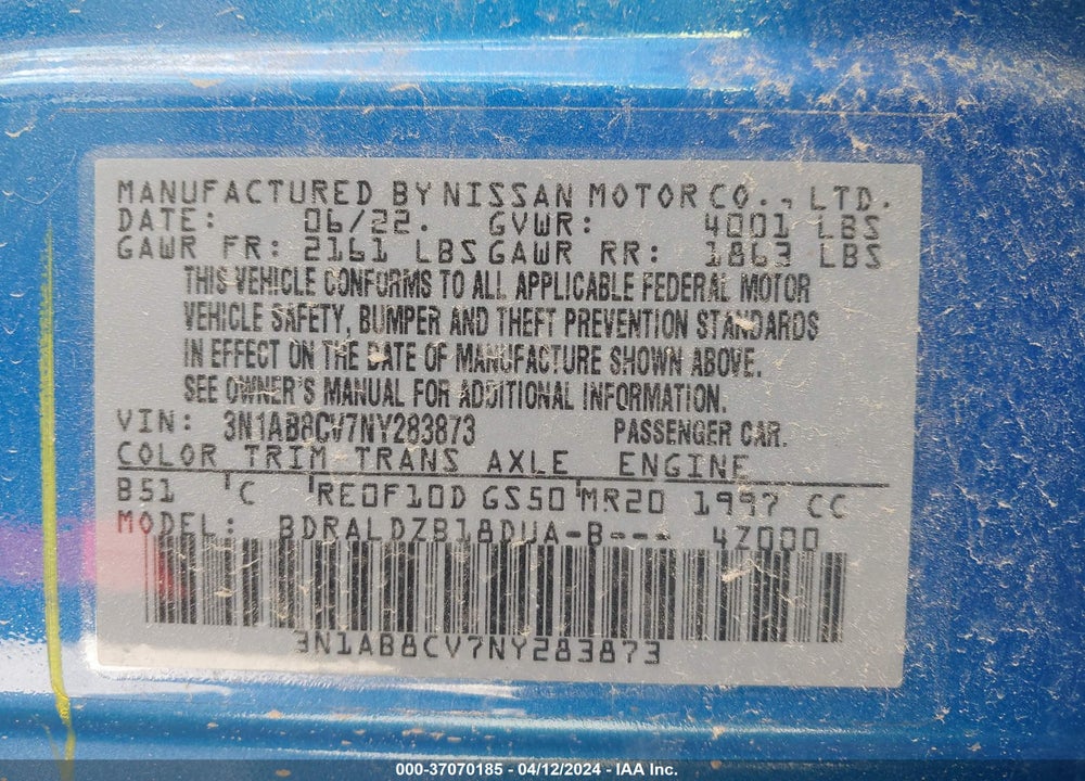 2022 NISSAN SENTRA SV XTRONIC CVT VIN: 3N1AB8CV7NY283873