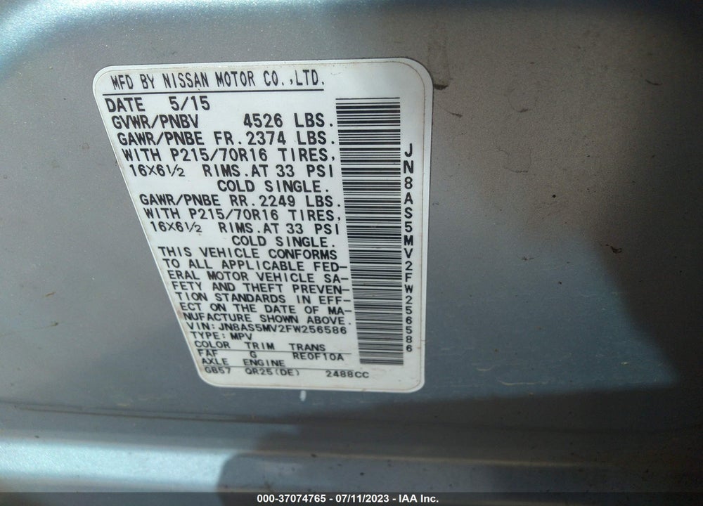 2015 NISSAN ROGUE SELECT S VIN: JN8AS5MV2FW256586
