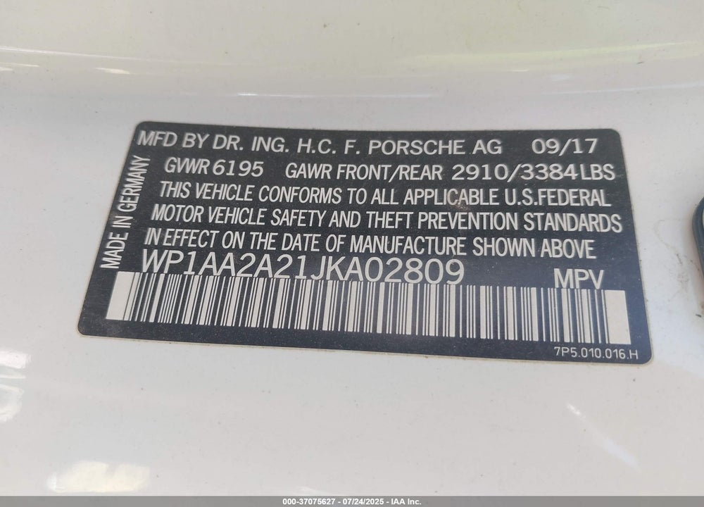2018 PORSCHE CAYENNE VIN: WP1AA2A21JKA02809