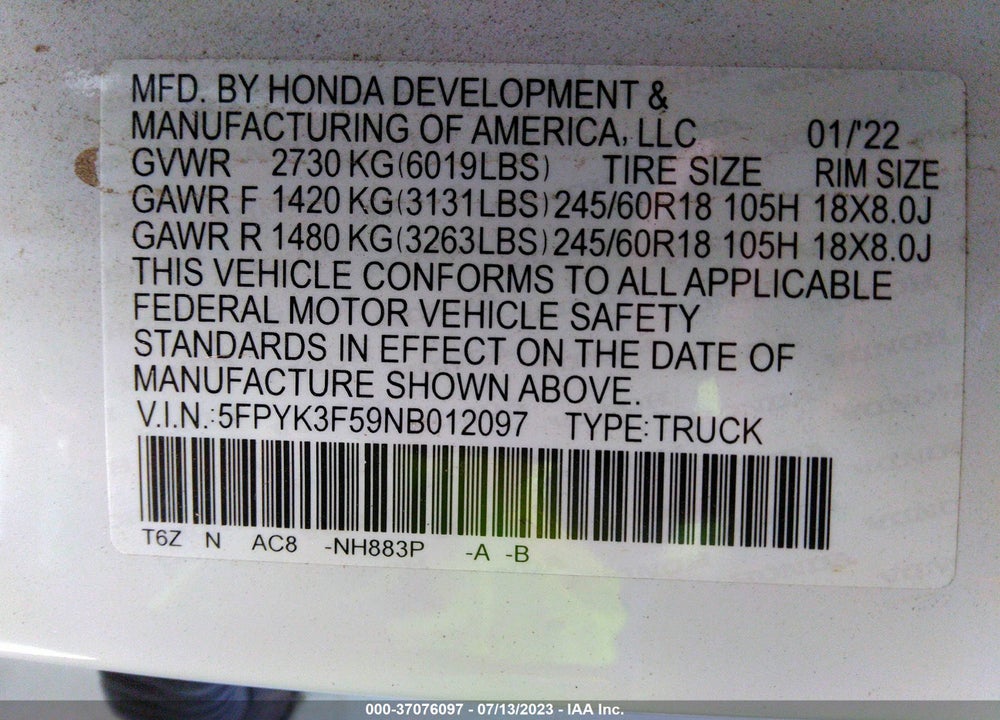 2022 HONDA RIDGELINE RTL VIN: 5FPYK3F59NB012097