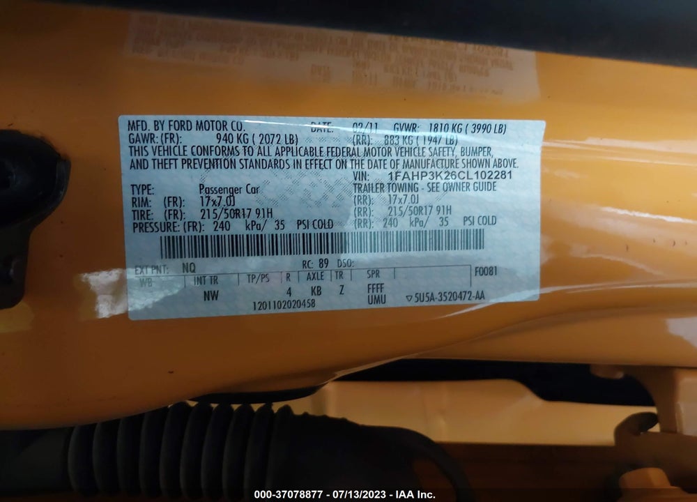 2012 FORD FOCUS SE VIN: 1FAHP3K26CL102281