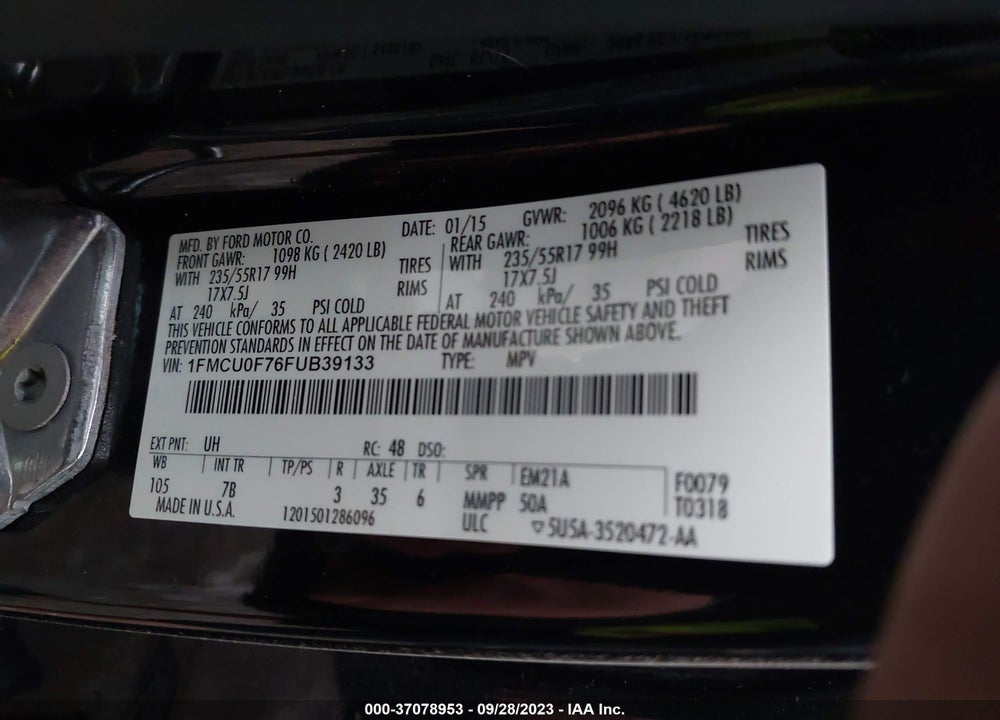 2015 FORD ESCAPE S VIN: 1FMCU0F76FUB39133