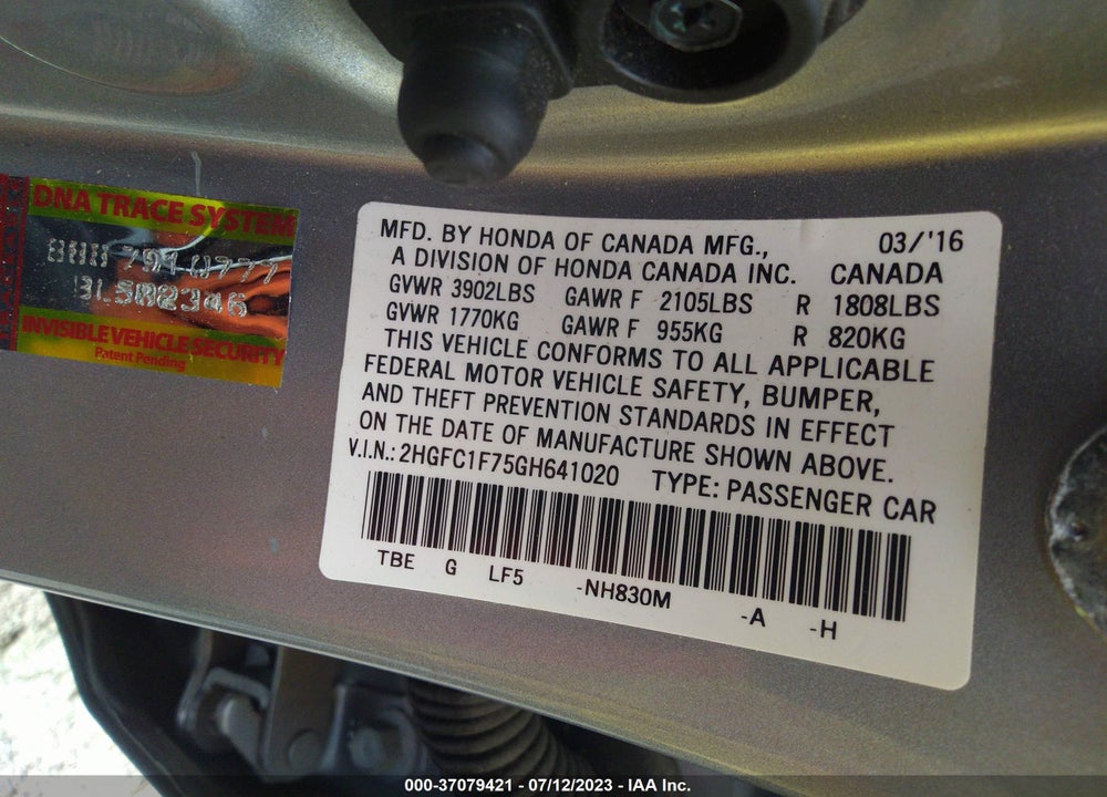 2016 HONDA CIVIC SEDAN VIN: 2HGFC1F75GH641020