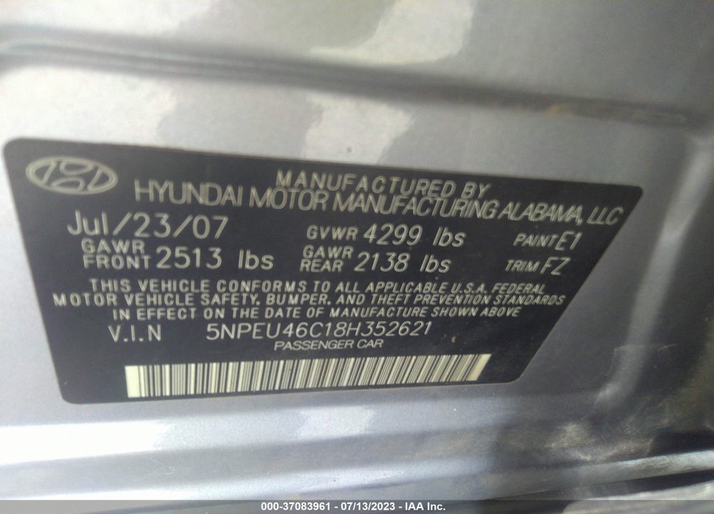 2008 HYUNDAI SONATA LIMITED/SE VIN: 5NPEU46C18H352621
