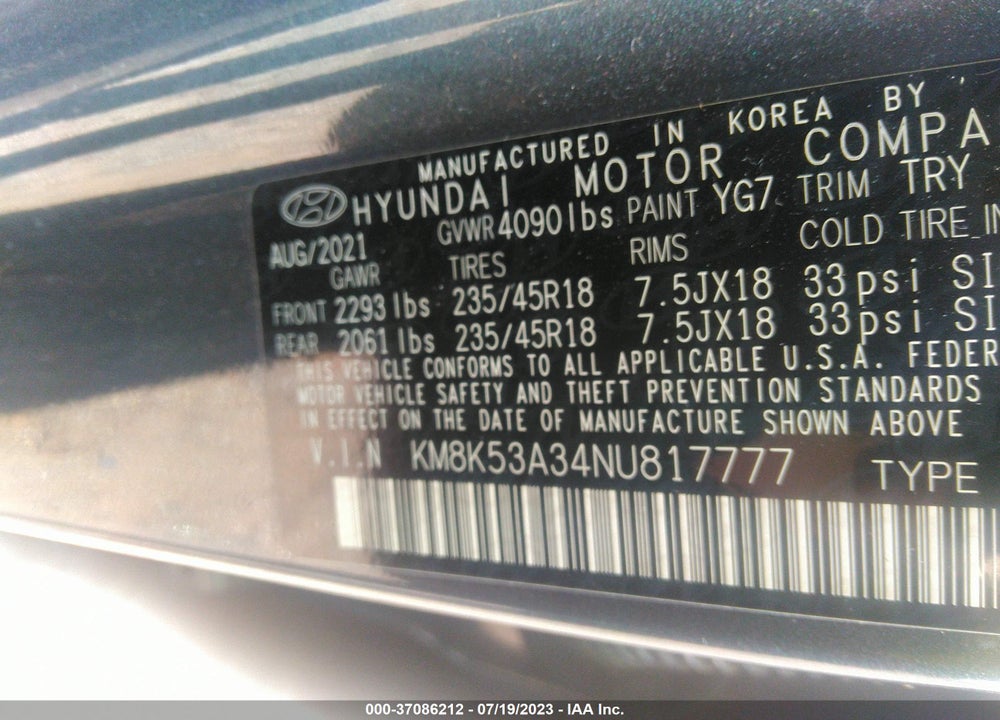 2022 HYUNDAI KONA LIMITED VIN: KM8K53A34NU817777