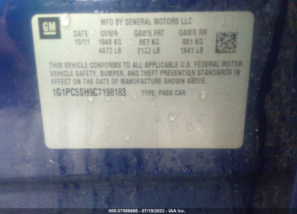 2012 CHEVROLET CRUZE LS VIN: 1G1PC5SH9C7198183