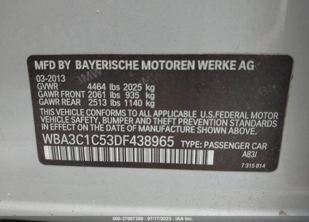 2013 BMW 328I VIN: WBA3C1C53DF438965