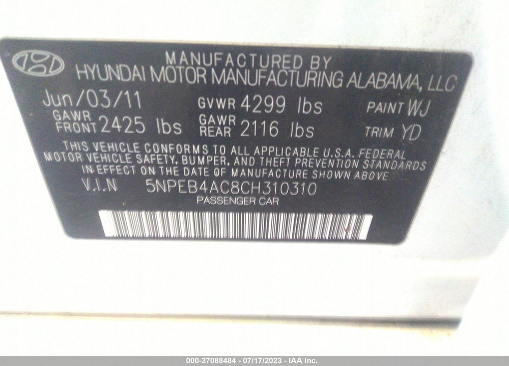 2012 HYUNDAI SONATA GLS VIN: 5NPEB4AC8CH310310