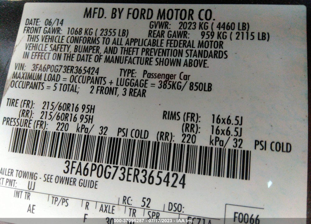 2014 FORD FUSION S VIN: 3FA6P0G73ER365424